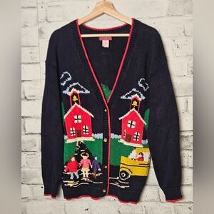 Vintage Bronté Schoolhouse Novelty Cardigan Sweater Navy Storybook Knit M/L